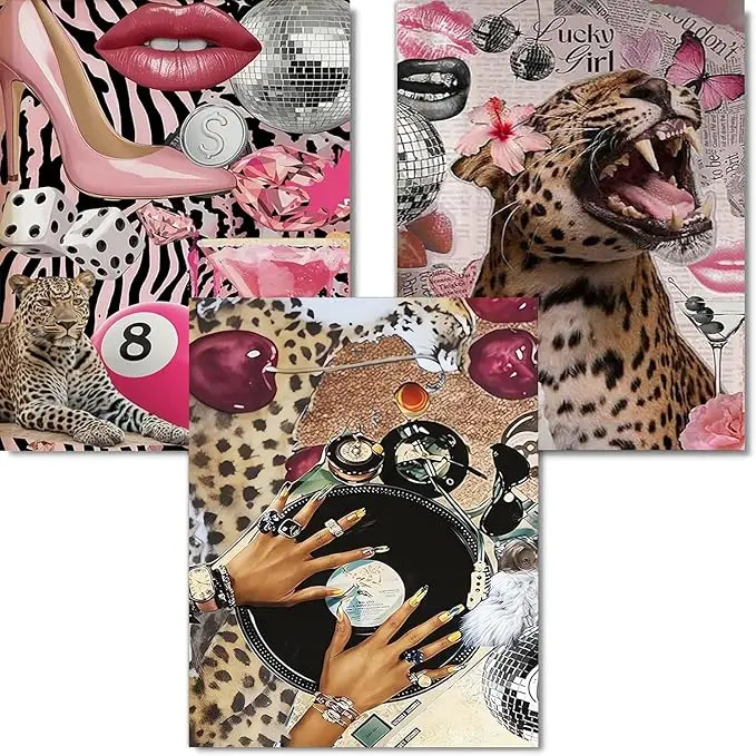 GemZono 5D DIY Full Drill Round Plastic Diamond Art Making Kit - Leopard Print Disco Fashion Collage, Odorless Stress Reliever Craft Supplies for Adults, Includes 1 Diamond Pen, Glue, Home Wall Decor for Graduations