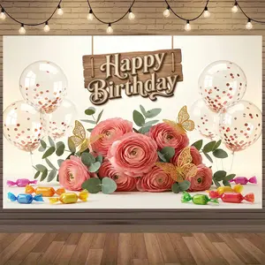 Happy Birthday Banner for Women- Floral Happy Birthday Backdrop Spring Party Decorations Girls Celebration Poster Decorations & Photo Booth Display