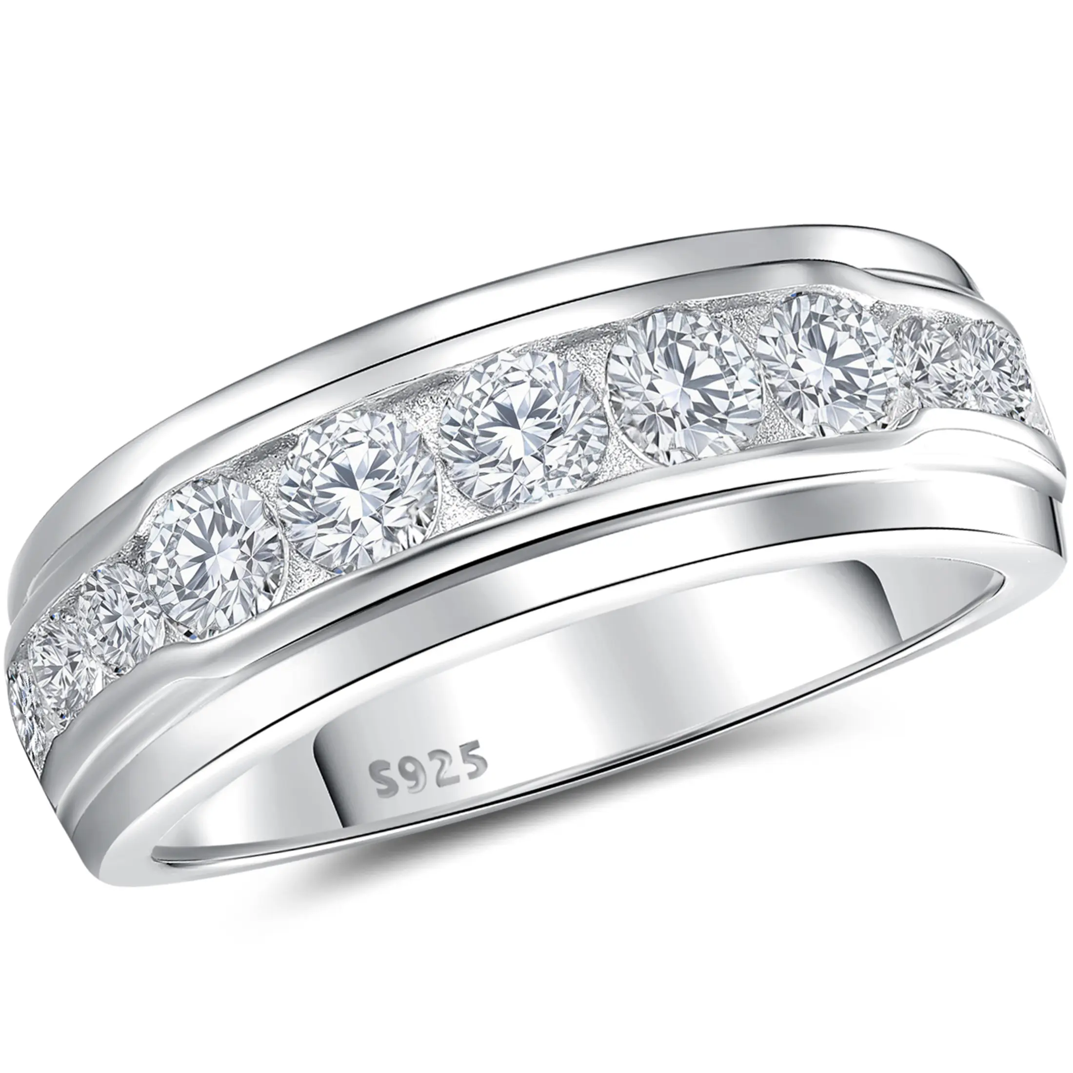 BAGOLIAK Men Wedding Band 925 Sterling Silver Men Rings AAAAA CZ Round Cut Wedding Promise Band for Him Gift for Men Size 8-12