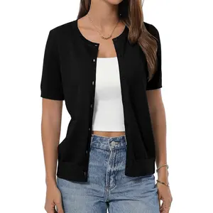 Women's 100% Cotton Cardigans Soft Lightweight Short Sleeve Knitted Crewneck Button Down Sweater