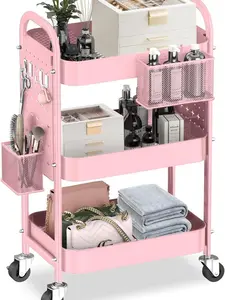 3 Tier Rolling Cart with DIY Pegboard, Metal Utility Cart with Handle, Baskets and Hooks, Pink