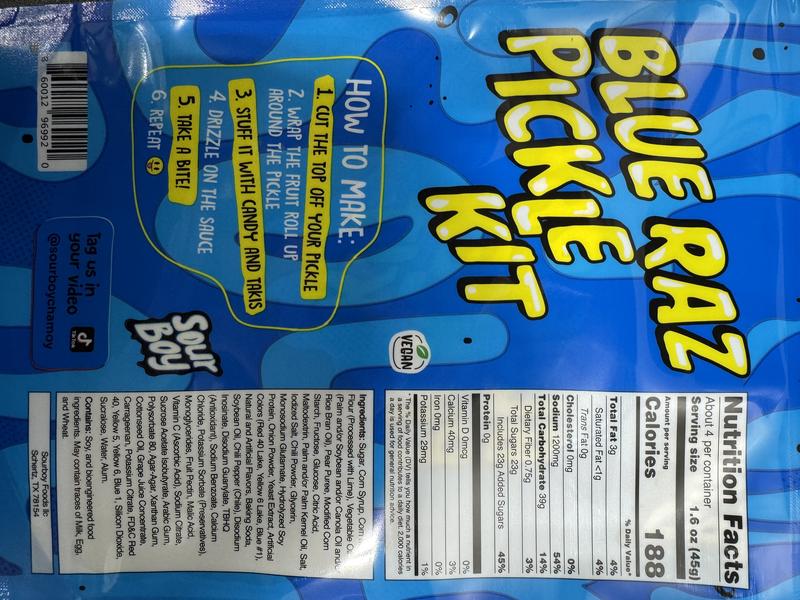 Sourboy Blue Raspberry Pickle Kit Sweet Tangy Savory Candy Snack Bag with Blue Raspberry Gushers & Syrup for Unique Flavor Experience