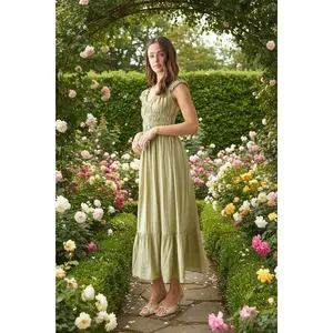 Sage Shirred Waist Short Sleeve Midi Dress
