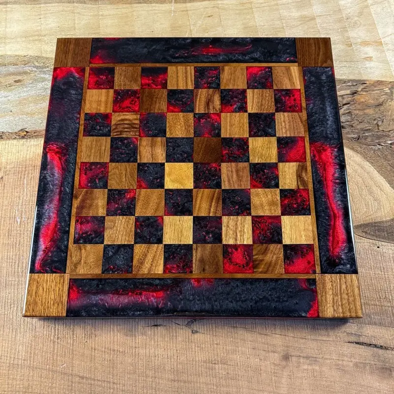 Black Onyx Red Lava Walnut Chess Board (PIECES INCLUDED)