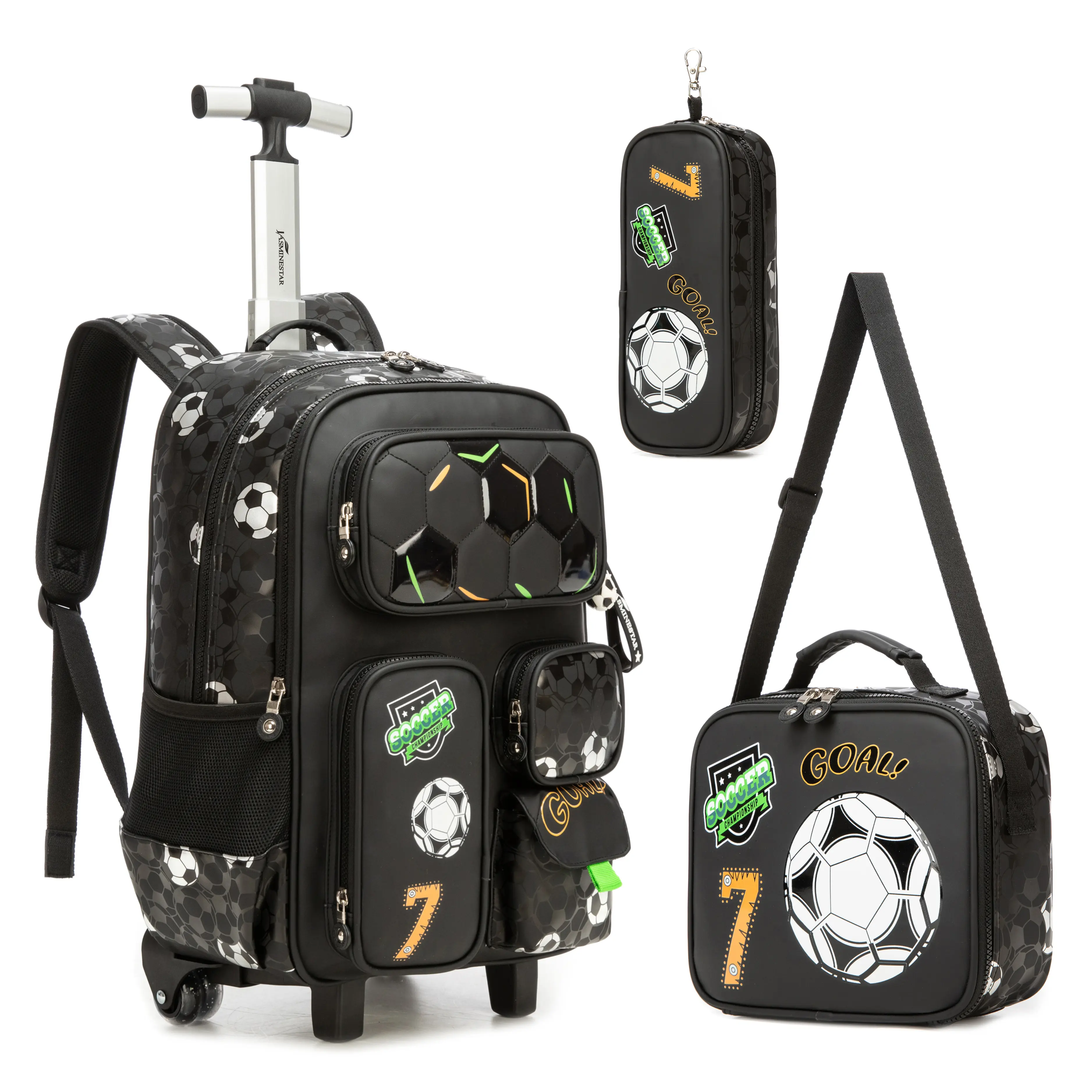 3-Piece Boys Soccer Rolling Backpack Set with Wheels | Cool Black Multi-Pocket Football Bookbag with Insulated Lunch Box & Pencil Case | Kids Wheeled Trolley Schoolbag