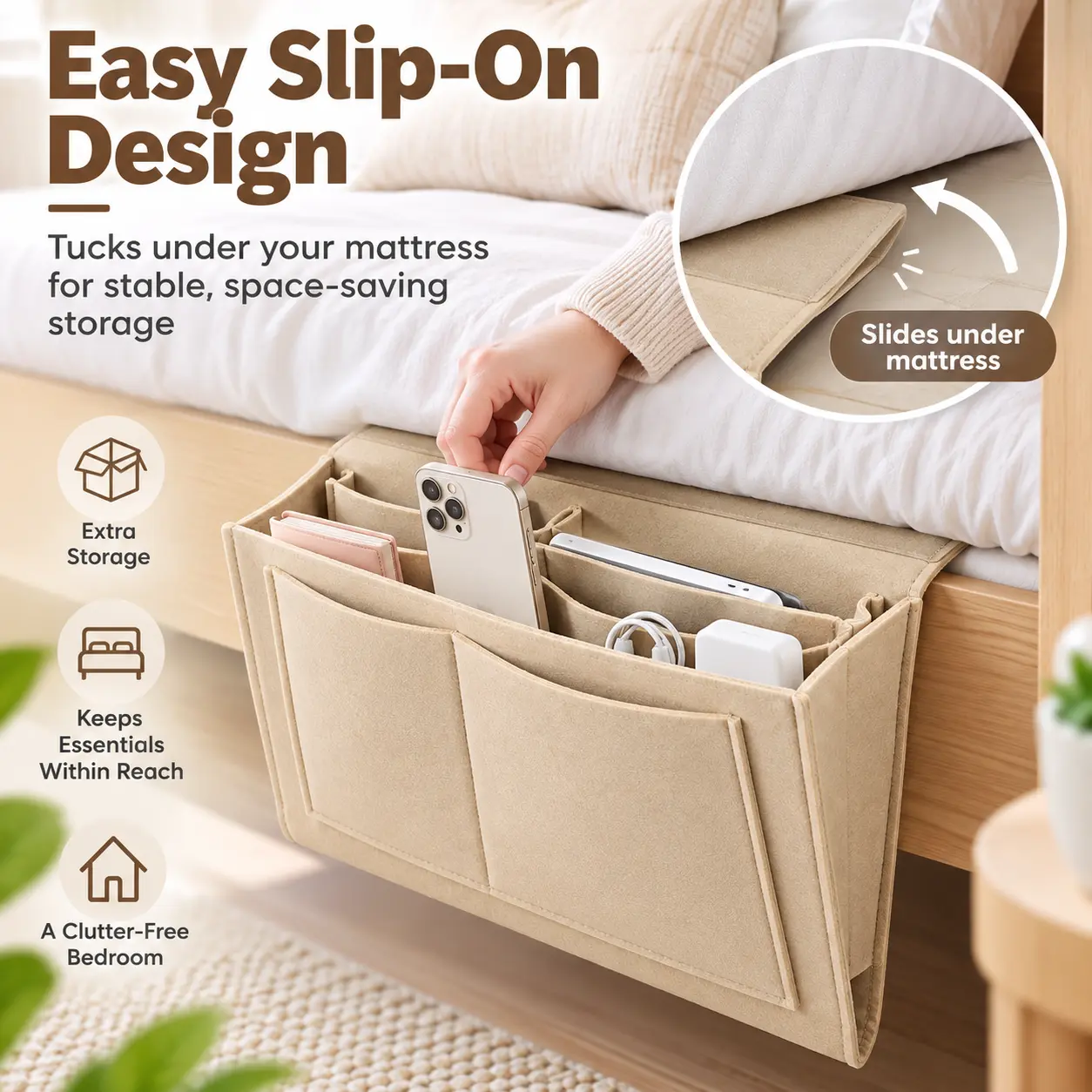 5-Pocket Felt Bedside Caddy, Hanging Bedside Storage Organizer for Bed Rail, Bunk Bed and College Dorm, Holder for Phone, Books, Magazines and Water Bottle, Beige