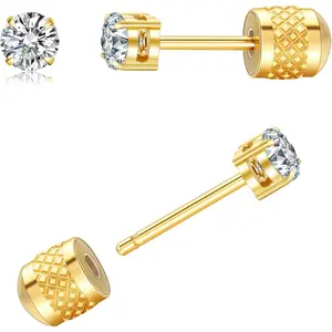 Threadless Stud Earrings for Women, Gold Silver Flat Back Earrings Push in Flatback Studs with 3-8mm CZ for Men Trendy Surgical Steel Hypoallergenic Comfortable