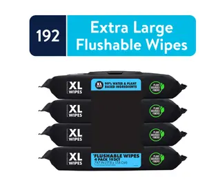 Unscented XL Flushable Wipes - 192 Total Wipes, 4 Flip-Top Packs, Suitable for Toilets