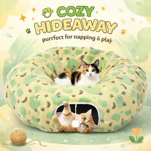 Cat Tunnels for Indoor Cats, 35'' Plush Cat Tunnel Bed Christmas Tree Skirt with Playful Ball and Circle Cushion, Foldable Peekaboo Cave, Interactive Toy