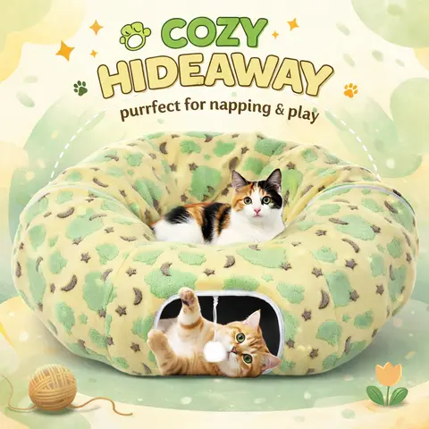 Cat Tunnels for Indoor Cats, 35'' Plush Cat Tunnel Bed Christmas Tree Skirt with Playful Ball and Circle Cushion, Foldable Peekaboo Cave, Interactive Toy