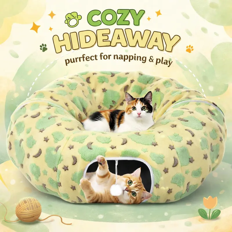 Cat Tunnels for Indoor Cats, 35'' Plush Cat Tunnel Bed Christmas Tree Skirt with Playful Ball and Circle Cushion, Foldable Peekaboo Cave, Interactive Toy