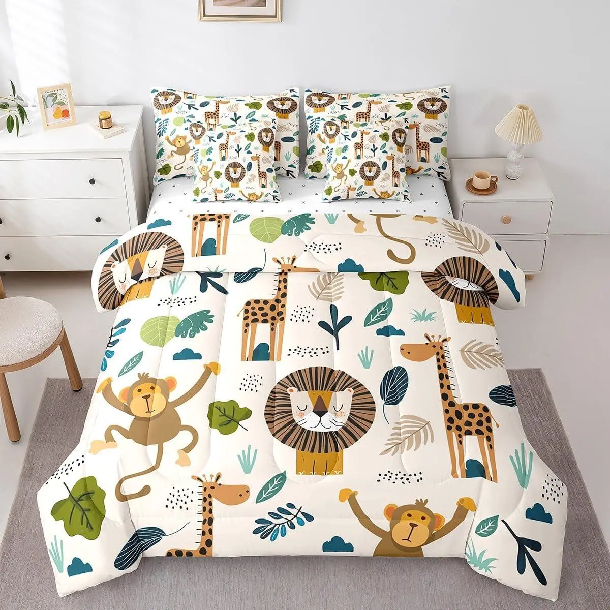 Safari Animals 7 Piece Bedding Set ,Cartoon Lion Giraffe Comforter Set with Sheets Cute Monkey Bed in a Bag for Kids Nature Wildlife Bed Set