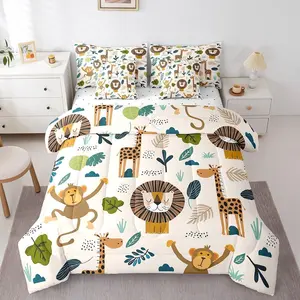 Safari Animals 7 Piece Bedding Set ,Cartoon Lion Giraffe Comforter Set with Sheets Cute Monkey Bed in a Bag for Kids Nature Wildlife Bed Set