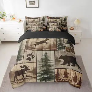 Rustic Bear Comforter Set,7 Pieces Comforters,Farmhouse Bear Deer Bedding Set,Elk Moose Forest Animal Bed Set with Comforter,Sheets,Pillowcases