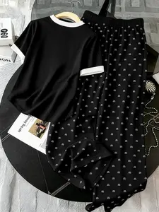 Women's Plus Size Two-Piece Set, Loose Round Neck Top & Straight Leg Pants, Elastic Waist Drawstring Pockets, Casual Daily Wear