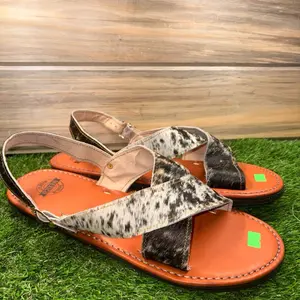 Mexican Crossed Sandals - Leather with White & Black Patterned Straps Comfortable Stylish Design for Walking Shoes Footwear