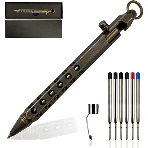 Solid Brass Bolt Action EDC Gift Ink Writing Pen - 5.2" Long, 1.6oz, 6-Edge Minimalistic Pocket Metal Pen with Clip, Pre-Filled Refills, Brass Patina Charm, Wear-Resistant, Luxury Carry for Business (Black)