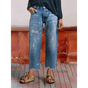 Women’s washable elastic fabric brushed loose straight-leg denim cropped pants, suitable for summer casual wear and all seasons GARMENTARY