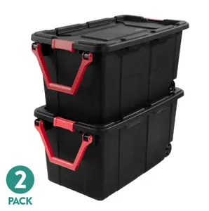 Sterilite Extra-Large Wheeled Industrial Storage Bin, 40 Gallon Durable Plastic Storage Tote with Latching Lid and Pull Handle, Black, 2 Pack