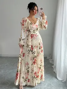 Elegant cross-border French vintage rose print long dress with a waist-cinching design that accentuates a slim figure, featuring a V-neck, ruffled long sleeves, and a pleated large hem skirt