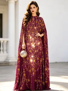 Women's Elegant Abaya, Pearl Sheen Batwing Sleeves, High Neck, Woven Fabric, Sequin Embroidered Floral Design, Luxurious Evening Gown