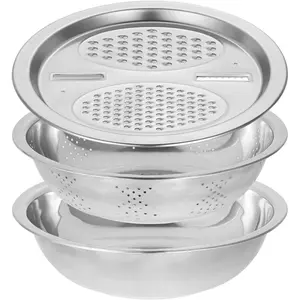 3 count Multifunctional Stainless Steel Grater Bowl Set, 30 cm/11.8 in Large Mixing Basin, Colander for Kitchen  Prep, Versatile Grater Lid, Induction Cooktop Compatible