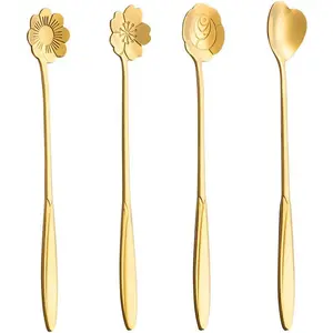 7-Inch 4 Pcs Flower Spoon Coffee Teaspoon Set Drink Stirring Spoon for Dessert Coffee Ice Cream Tea (Gold)