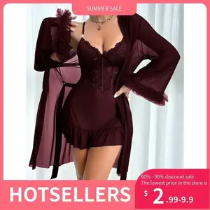2pcs Set: Fishbone Style Cinch Waist Lace Cami Nightgown & Wide Sleeve Mesh Robe Fabric Sheer
