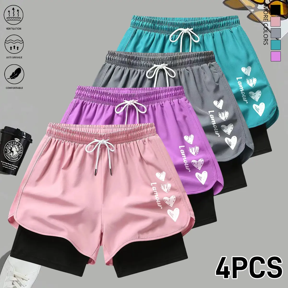 Set of 4 women’s fashion shorts featuring drawstring and elastic waistband, adjustable; suitable for outdoor sports, travel/vacations, and home wear—summer women’s shorts.