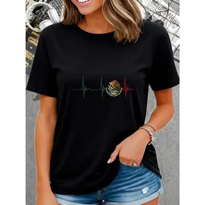 100% Cotton Unisex Mexico Heartbeat EKG Pulse Mexican Pride Emblem Mexico Flag T-Shirt