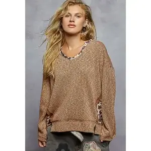 Round Neck Balloon Sleeve Floral Contrast Ribbed Knit Top Round Neck Balloon Sleeve Floral Contrast Ribbed Knit Top