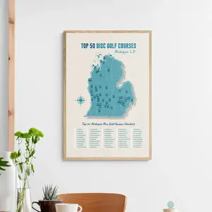 Top 50 Michigan Disc Golf Courses Map, Man Cave Decor, Sporty Room Decor, Gift for Golfers, Sports Trendy Wall Art, Checklist Map Wall Art