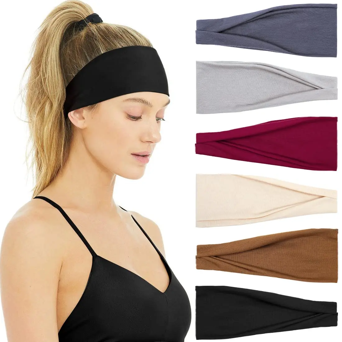 Female Wide Elastic Non-Slip Headbands for Baby & Maternity Use, Soft Stretchy Thick Sweatbands, 6-Pack for Workout & Daily Wear, Head Bands