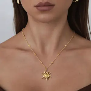 14K Gold Plated Sun Necklace An Elegant Fusion Of A Handmade Diamond Cube Pendant And A Lustrous Gold Bead Chain Embodying Celestial Beauty  Making An Exquisite Gift Of Timeless Elegance.
