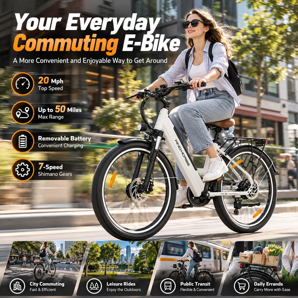 Windhorse F2 26" Adult Urban Commuting Waterproof Ebike - 750W Peak Motor, 20MPH Speed, 50 Mi Range, 468WH Removable Battery, 7-Speed, Suspension, Energy Saving Eco-Friendly Bike, Throttle or PAS, Hills Easy, Reliable Customer Service