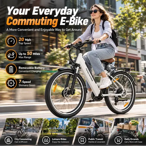 Windhorse F2 Unisex 26" Waterproof Urban Commuting E-Bike - 750W Peak Motor, 20MPH Speed, 50Mi Range, 468WH Removable Battery, 7-Speed Gears, Adjustable Suspension, Energy Saving Bike, Throttle/PAS, Easy Hill Climbing, 12-Month Reliable Service