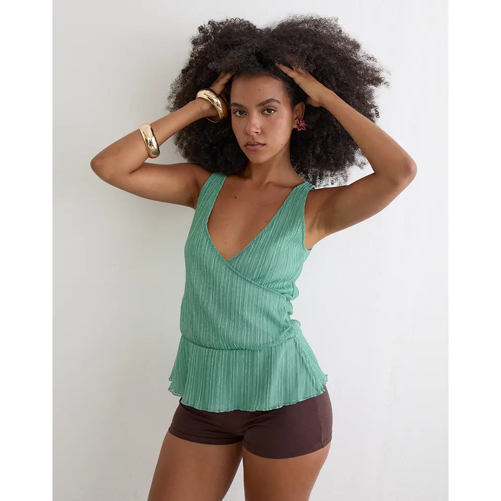 Layu Plunge Wrap Top in Plisse Turquoise