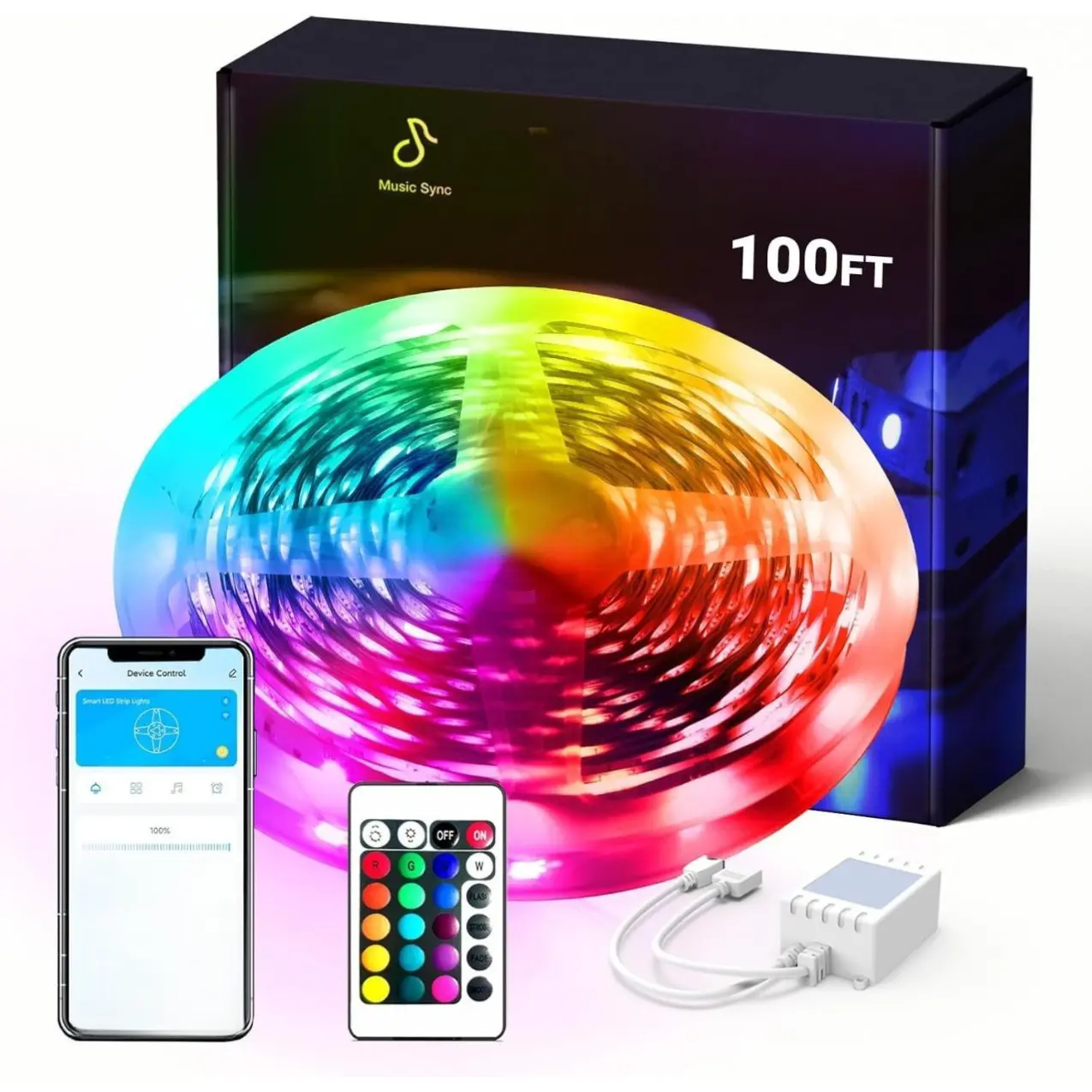 Smart RGB Led Strip Lights, 100ft Led Lights for Bedroom with App Control, Multicolor Changing Led Light Strips Apply for Home Decor, Living Room, Kitchen, Home Party Decoration
