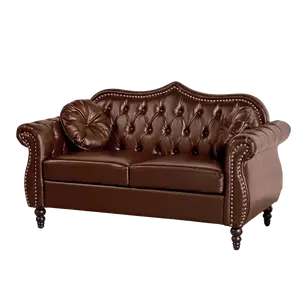 Giratree Furniture 60" Loveseat Sofa, Chesterfield Sofa, Mid-Century Modern PU Upholstered 2 Seater Sofa, Deep Button Tufted Living Room Bedroom Sofa with Two Throw Pillows, Brown