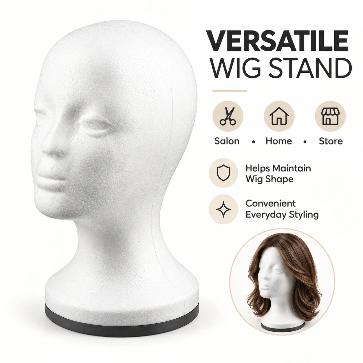 Female Mannequin Head, Foam Wig Display Stand for Hats, Glasses & Wigs, Women's Head Form for Salon, Store & Home Display