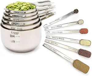 Gourmet Measuring Cups and Spoons Set of 12 – 18/10 Stainless Steel Kitchen Gadgets – Stackable Design with Long Handle Spoons – Fits in Jars – Cooking & Baking Measuring Set for Dry & Liquid