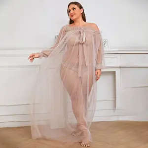 Women Long Mesh Nightgowns and Underpants Lace Babydoll Lingerie Sleepwear See Through Robe with Sleeve