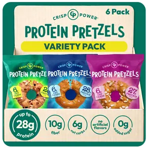 Crisp Power Protein Pretzels, 28g Protein, High Protein, High Fiber, Low Carb, Crunchy Pretzel Snacks, No Added Sugar, 1.75 oz Bags, 6 Pack, Vegan, Plant-Based, Keto