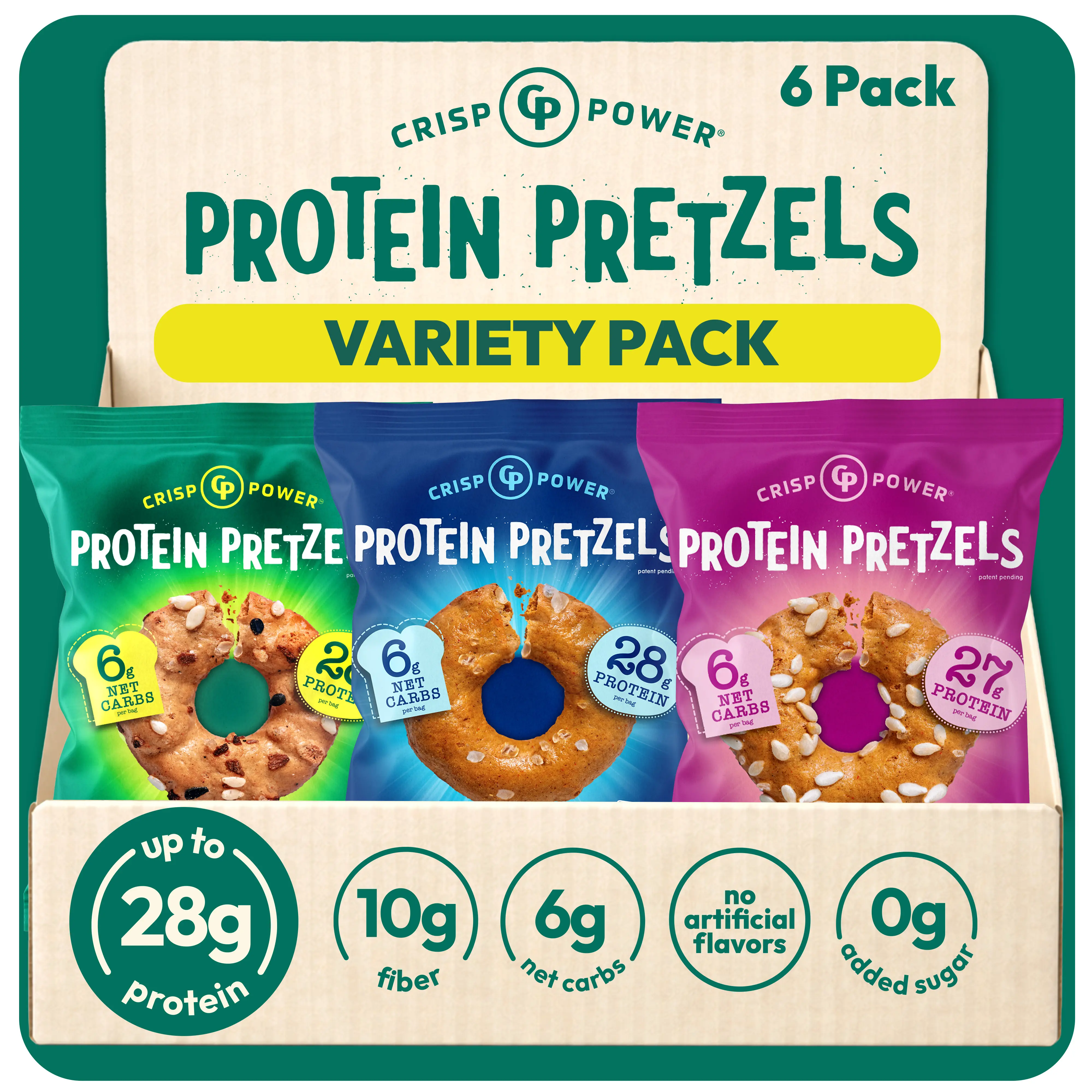 Crisp Power Protein Pretzels, 28g Protein, High Protein, High Fiber, Low Carb, Crunchy Pretzel Snacks, No Added Sugar, 1.75 oz Bags, 6 Pack, Vegan, Plant-Based, Keto