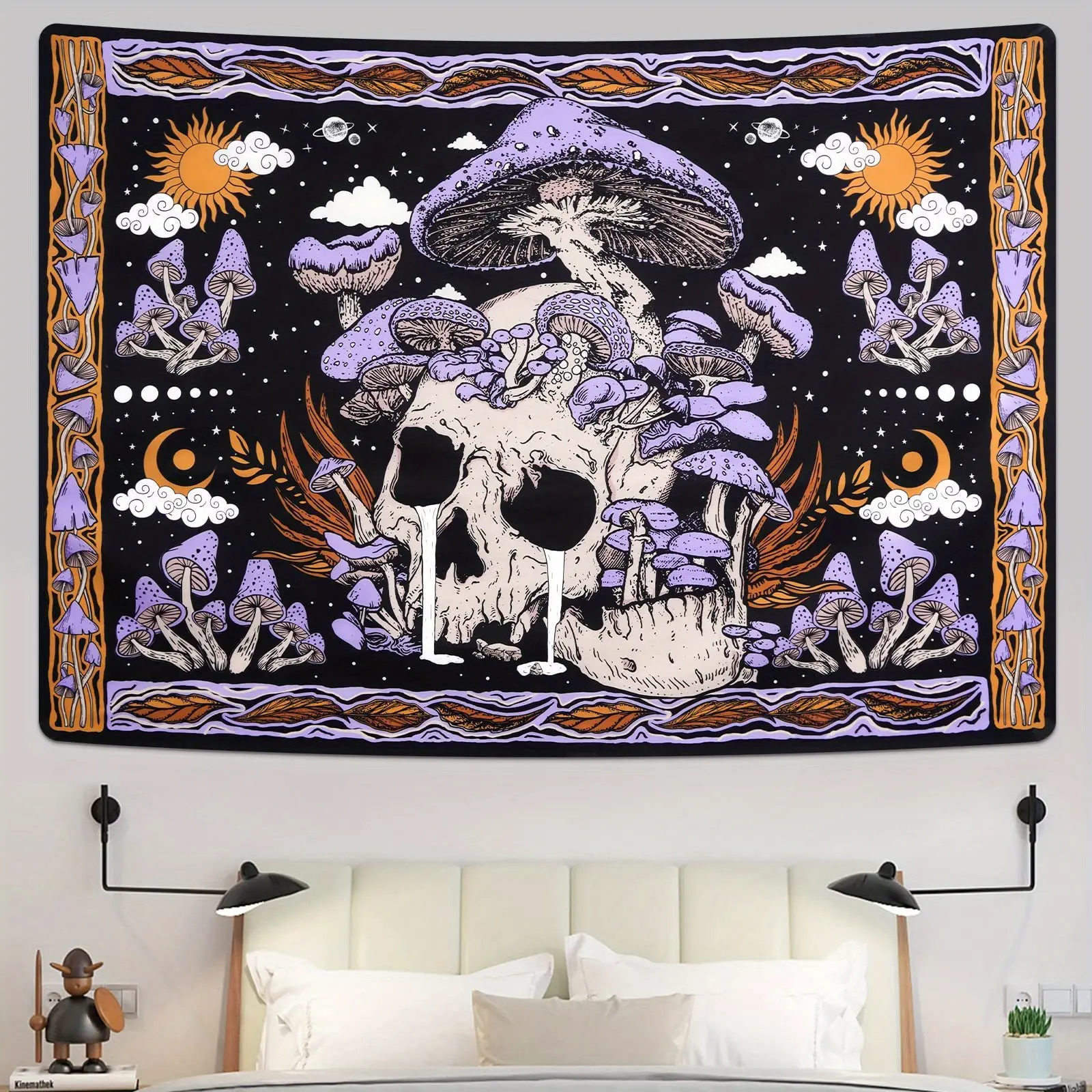 Lightweight Synthetic Bohemian Skull Tapestry Wall Hanging - Gothic Mushroom & Skull Novelty Printing, Indoor Decorative Home Decor for Bedroom, Living Room, Indoors