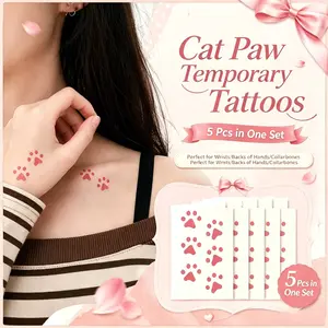 5 Sheets Pink Cat Paw Temporary Tattoo Set, Washable Sweet & Sexy Y2K Body Art, Waterproof Collarbone Sticker for Girls & Students, Cute Kitten Paw Aesthetic Decal, Waterproof Temporary Tattoos, Tattoo Stickers