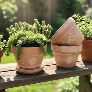 Breathable Clay Flower Pot Set, Succulent Pots, Vintage Rustic Artistic Relief, Garden Balcony Courtyard Terracotta Planters with Tray