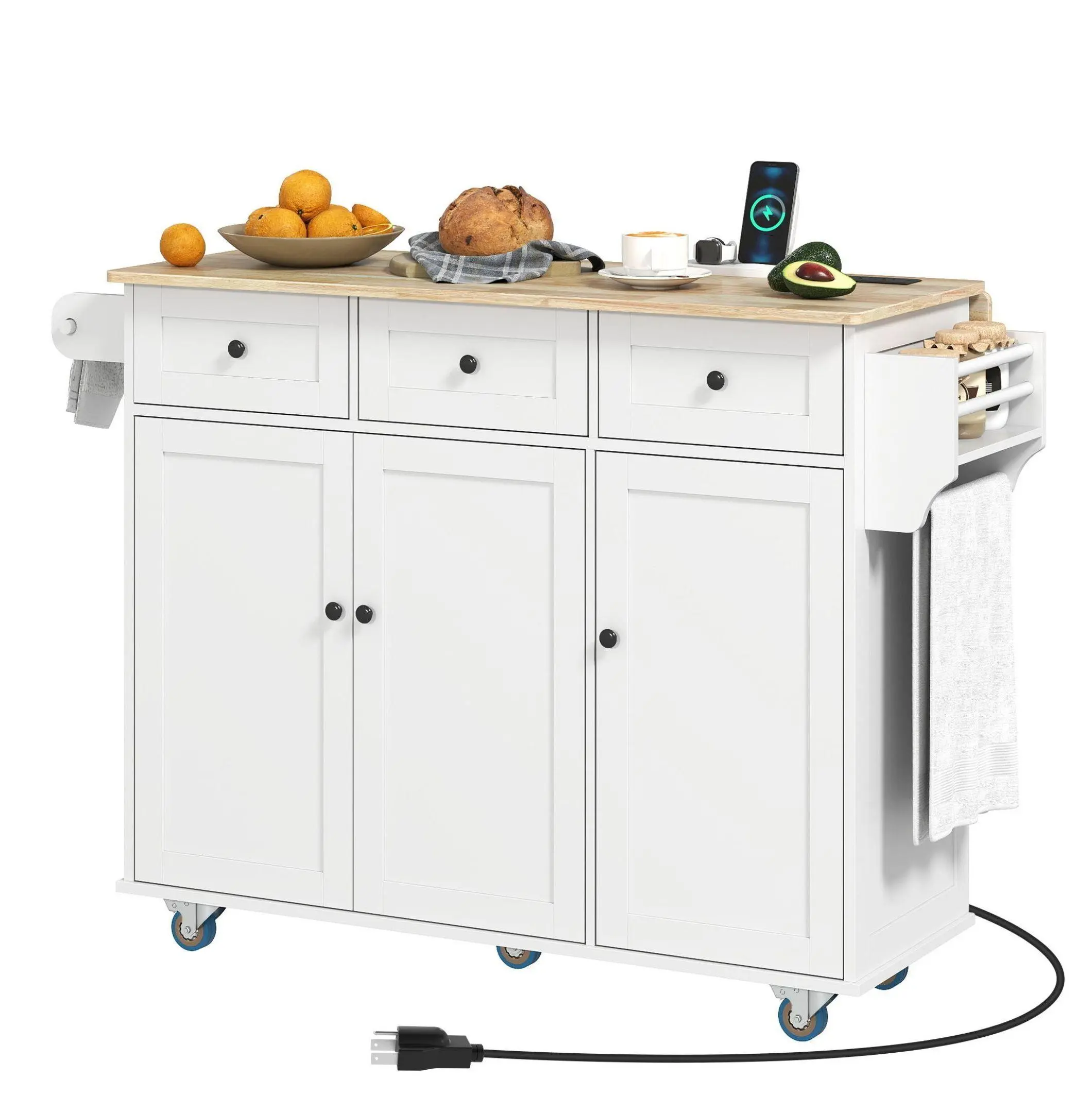 Kitchen Island on Wheels with Drop Leaf & Charging Station, White Rolling Cart with Wood Top, Adjustable Shelf, Portable Kitchen Prep Table