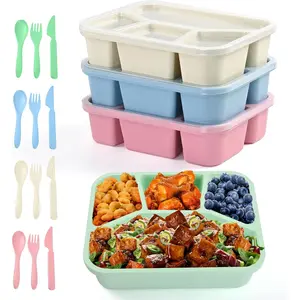 Bento Lunch Box, 4 Compartments Meal Prep Containers, 4 Pack  Snack Containers, Divided  Storage Container for Adults ( Beige Green Blue)