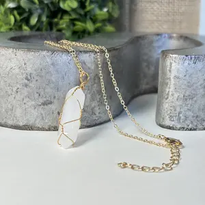 White Quartz Crystal Point Necklace – Raw Gemstone Pendant – Wire Wrapped Healing Necklace – 14k Gold Plated